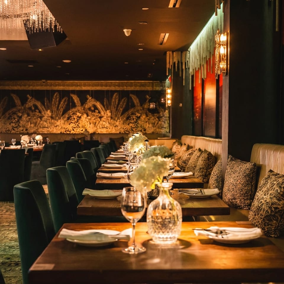 Elegant restaurant dining room with green velvet chairs, leather banquettes, candlelit tables, floral centerpieces, and ornate wall décor.