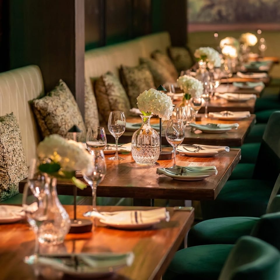 Elegant restaurant dining room with wooden tables, wine glasses, floral centerpieces, green velvet chairs, and patterned booth seating.