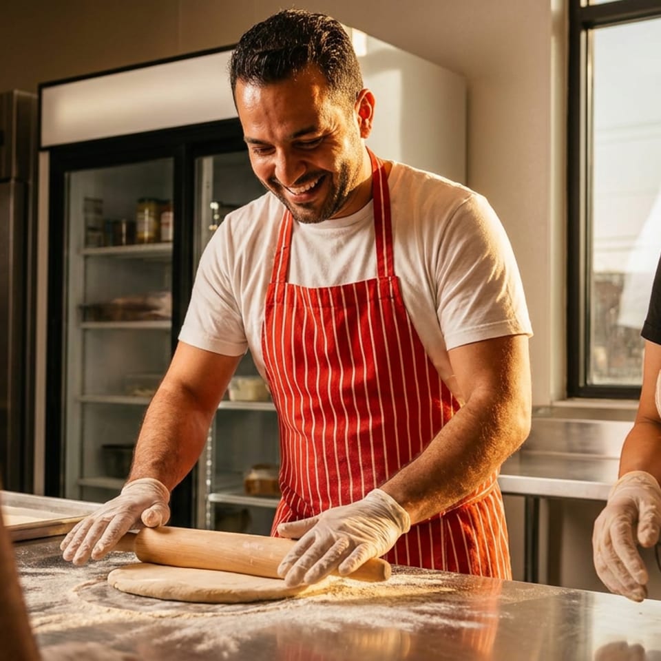 Restaurant staff in striped aprons and gloves prepare dough with a rolling pin in a warmly lit kitchen.