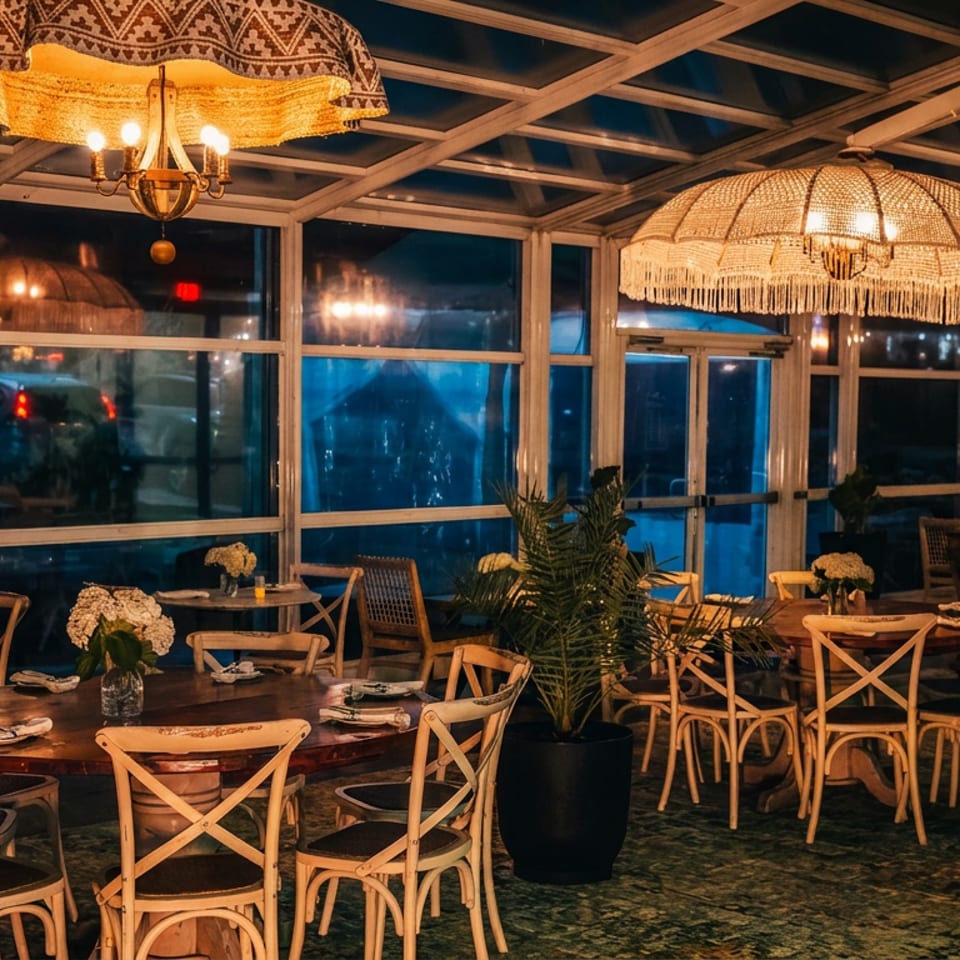 Elegant restaurant dining room with wicker chairs, set tables, tropical plants, floral centerpieces, and warmly lit pendant lamps.