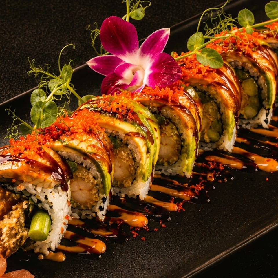 Decorative sushi roll topped with glazed fish, avocado, orange roe, microgreens, and an orchid on a black platter.